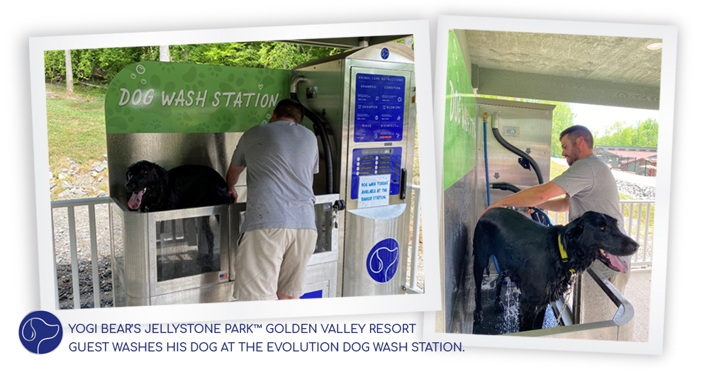 Yogi Bear’s Jellystone Park™ Golden Valley resort guest washes his dog at the Evolution Dog Wash station.