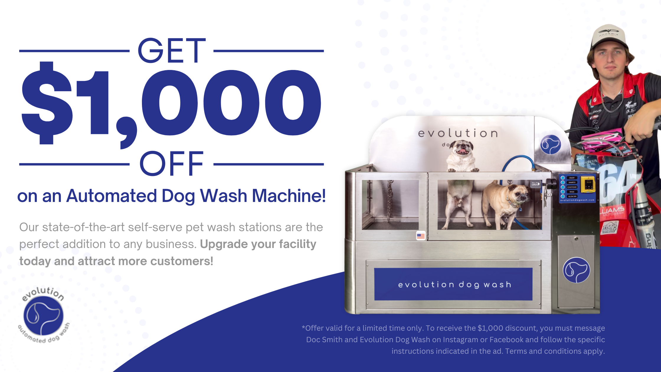 $1,000 off Evolution Dog Wash Machine with two dogs and a person